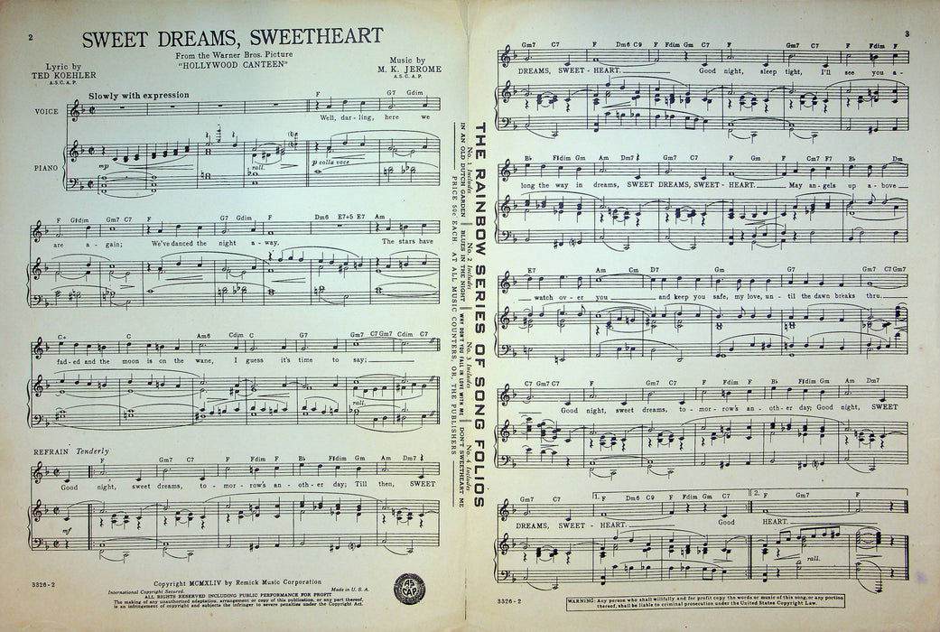 Sweet Dreams Sweetheart Sheet Music M K Jerome Piano 1944 WW2 Hollywood Canteen 3