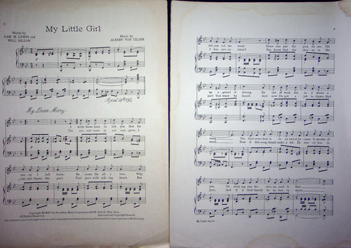 Sheet Music My Little Girl Sam Lewis Will Dillon Albert Von Tilzer 1915 Broadway 2