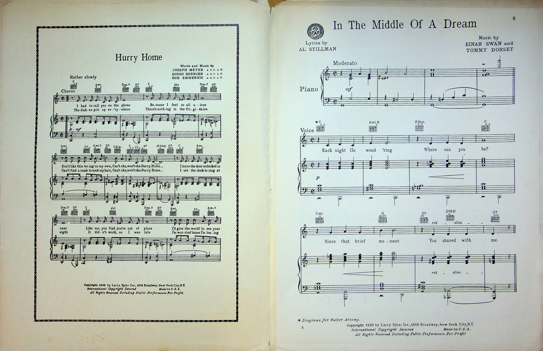 Middle Of A Dream Sheet Music Einar Swan Tommy Dorsey Piano Vocal 1939 WW2 Song 2