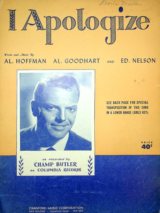 Sheet Music I Apologize Champ Butler Al Hoffman Goodhart Ed Nelson 1931 Song 1