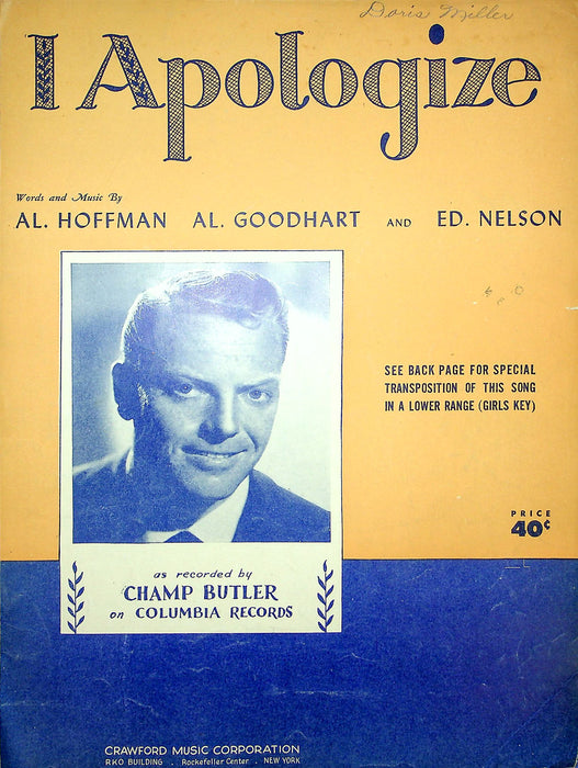 Sheet Music I Apologize Champ Butler Al Hoffman Goodhart Ed Nelson 1931 Song 1