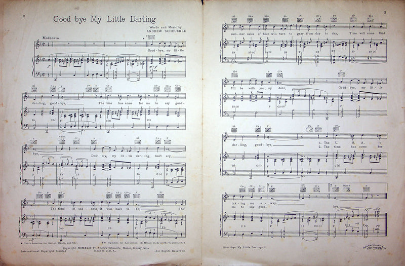 Sheet Music Good-Bye My Little Darling Martin Kukovich Andrew Scheuerle 1942 WW2 2