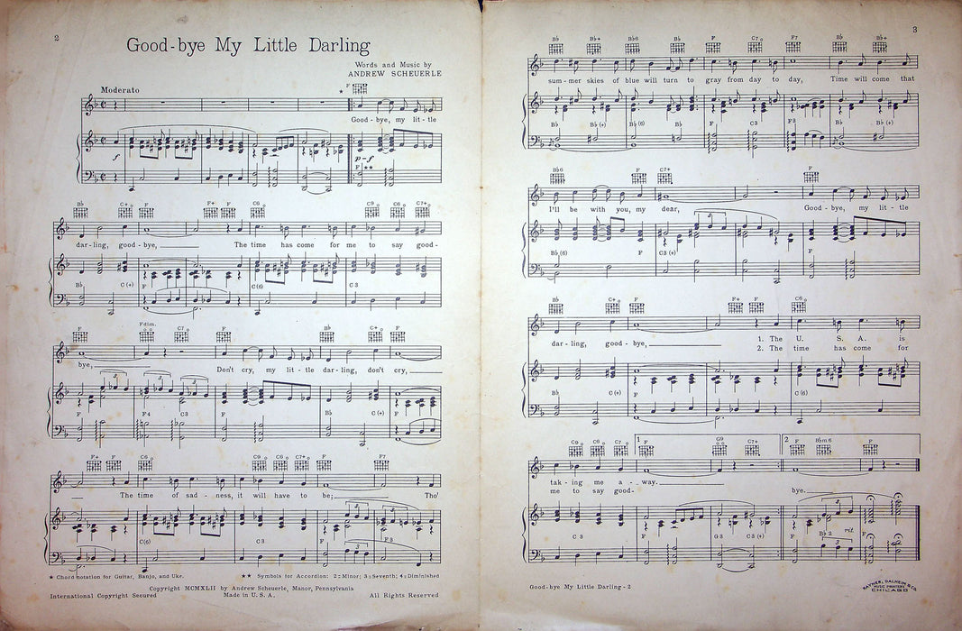 Sheet Music Good-Bye My Little Darling Martin Kukovich Andrew Scheuerle 1942 WW2 2