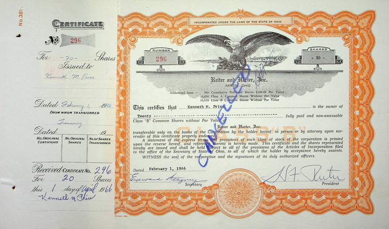 Reiter Dairy Company Stock Certificate Bond Scripophilly Akron Ohio 1966 No 296