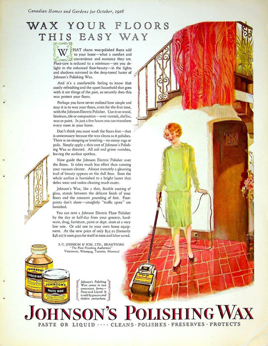 1928 S.C Johnson Polishing Wax Print Ad Wax Your Floors This Easy Way 12"x10" 1