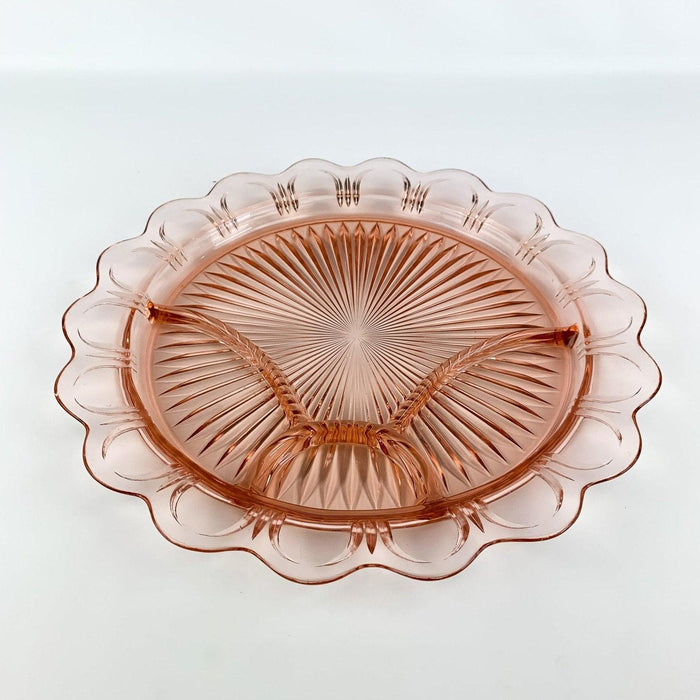 Pink Scallop Edge Pressed Glass Divided Serving Plate Tray Platter - 13" 4