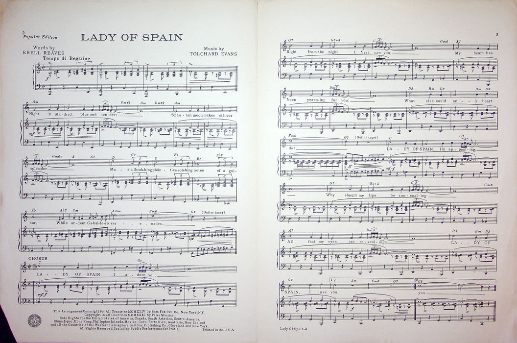 Sheet Music Lady Of Spain Eddie Fisher Erell Reaves Tolchard Evans 1931 Pop Song 2