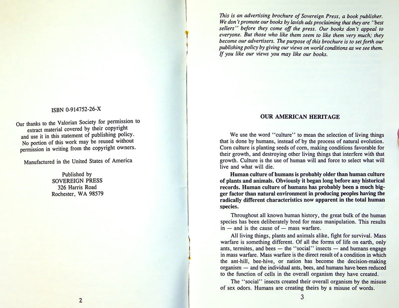 Our American Heritage Statement & Catalog Sovereign Press 31 Pages