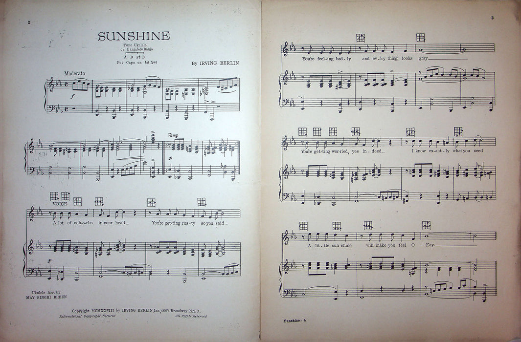 Sheet Music Sunshine Irving Berlin 1926 Piano Vocal Ukulele Song Moderate Tempo 2