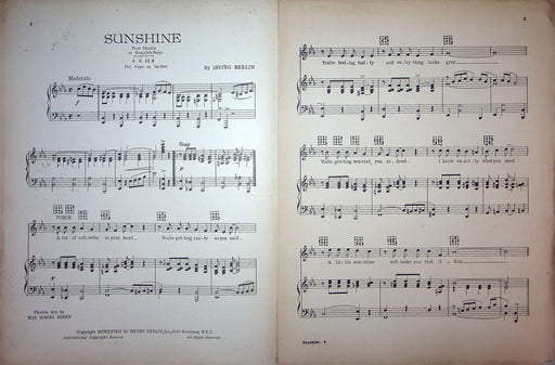 Sheet Music Sunshine Irving Berlin 1926 Piano Vocal Ukulele Song Moderate Tempo 2