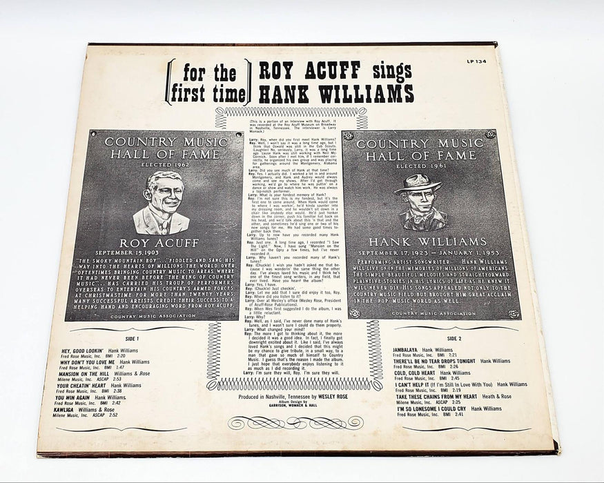 Roy Acuff Roy Acuff Sings Hank Williams LP Record Hickory Records 1966 LPS 134 2