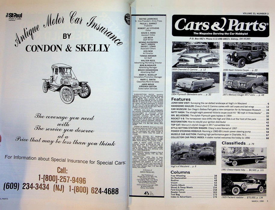 Cars & Parts Magazine March 1990 Vol 33 No 3 Chevy's First El Camino 59 Bat Wing