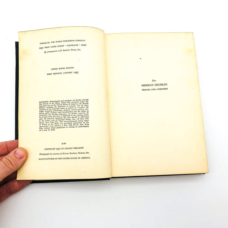 Watch On The Rhine Hardcover Lillian Hellman 1943 First Printing No Jacket Plays 8