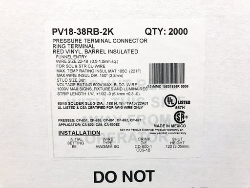 Panduit PV18-38RB-2K Vinyl Insulated Ring Terminal Red 18 AWG #10 Stud 2000pk 2