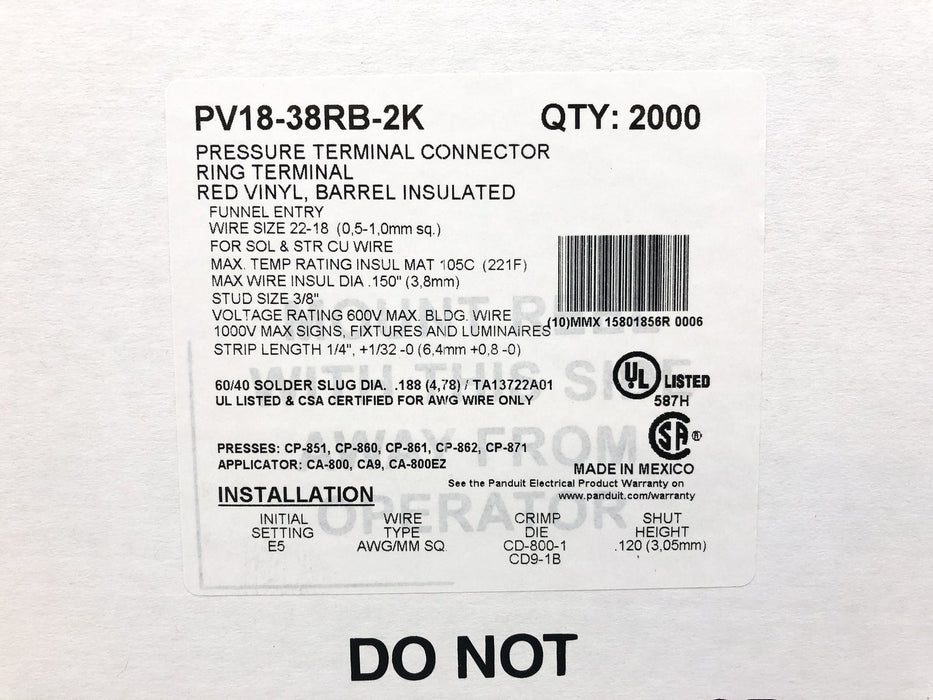 Panduit PV18-38RB-2K Vinyl Insulated Ring Terminal Red 18 AWG #10 Stud 2000pk 2