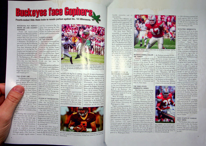 Ohio State Buckeye Football Program Nov 2 2002 Vs. Minnesota Golden Gophers