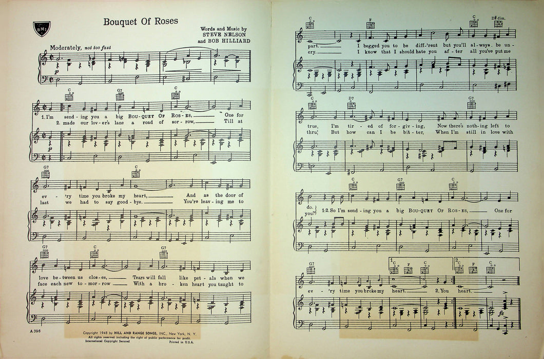 Vintage Sheet Music Bouquet Of Roses Steve Nelson Bob Hilliard Eddy Arnold 1948 3