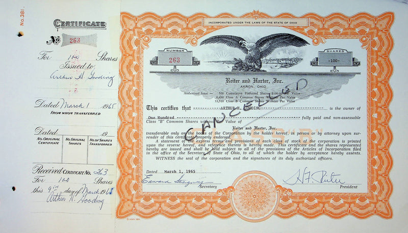 Reiter Dairy Company Stock Certificate Bond Scripophilly Akron Ohio 1965 No 263