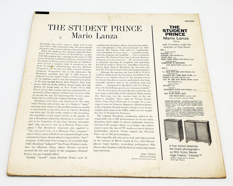 Mario Lanza The Student Prince 33 RPM LP Record RCA Victor Red Seal 1960 2