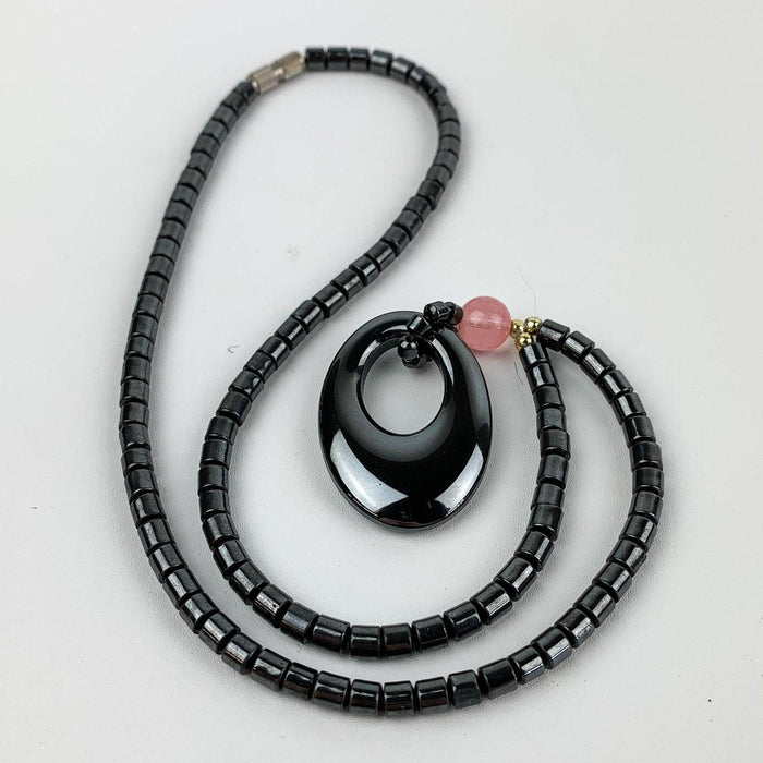Beaded Pendant Necklace Hematite Barrell Bead with Pink Accent Oval 10.5" Ground 3