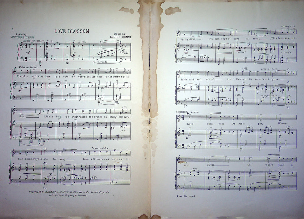 Sheet Music Love Blossom Gwynne Lucien Denni 1919 J W Jenkins Sons Piano Song 2 2