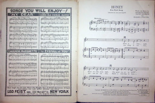 Sheet Music Honey Rudy Vallee Seymour Simons Haven Gillespie 1928 Foxtrot Song 2