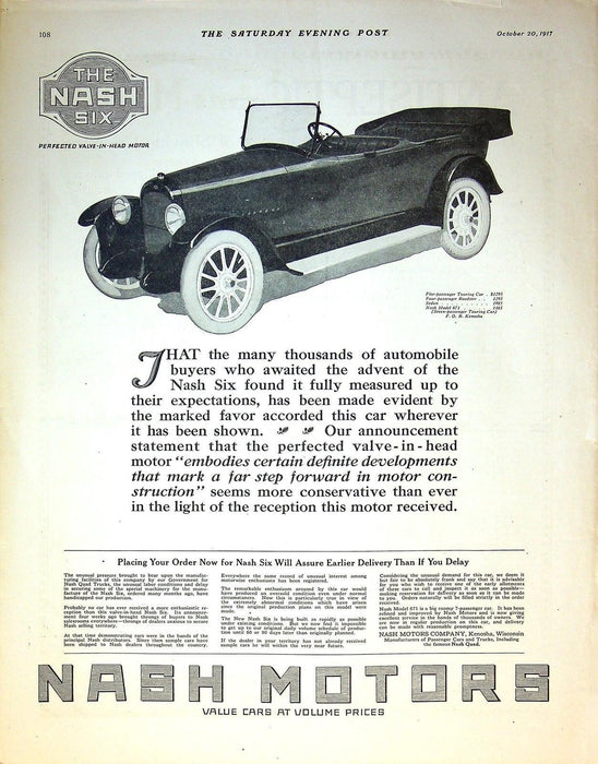 1917 Nash Motors Nash Six Print Ad Valve-In-Head Motor 14"x11" 1
