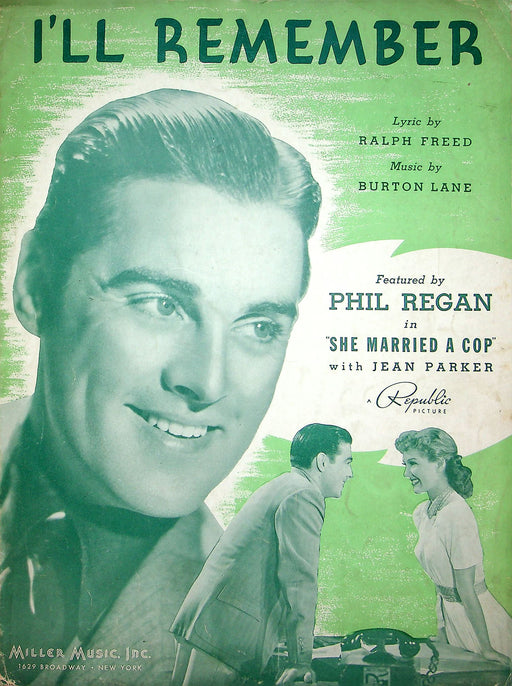 Sheet Music I'll Remember Phil Regan She Married A Cop Movie Jean Parker 1939 1