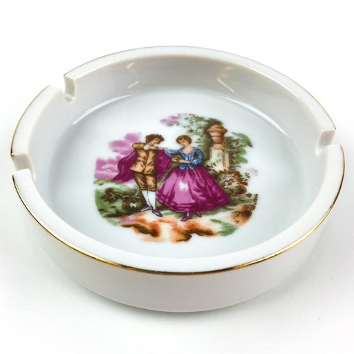 Vintage Porcelain Ashtray Colonial Victorian Woman Man Couple White 4.5" 2