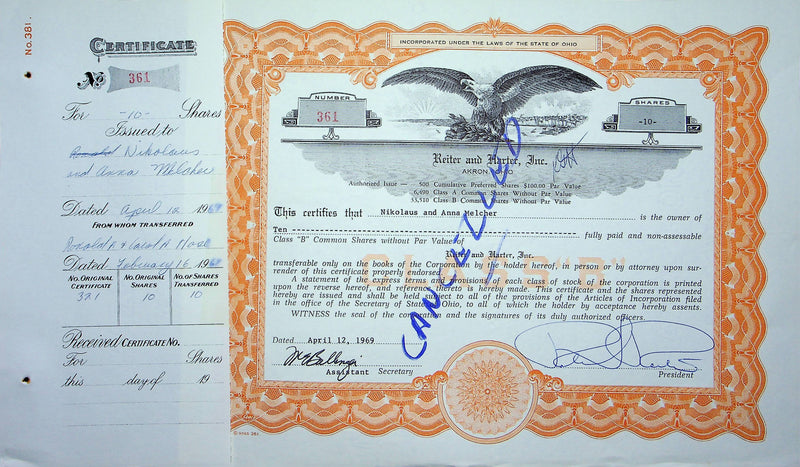 Reiter Dairy Company Stock Certificate Bond Scripophilly Akron Ohio 1969 No 361