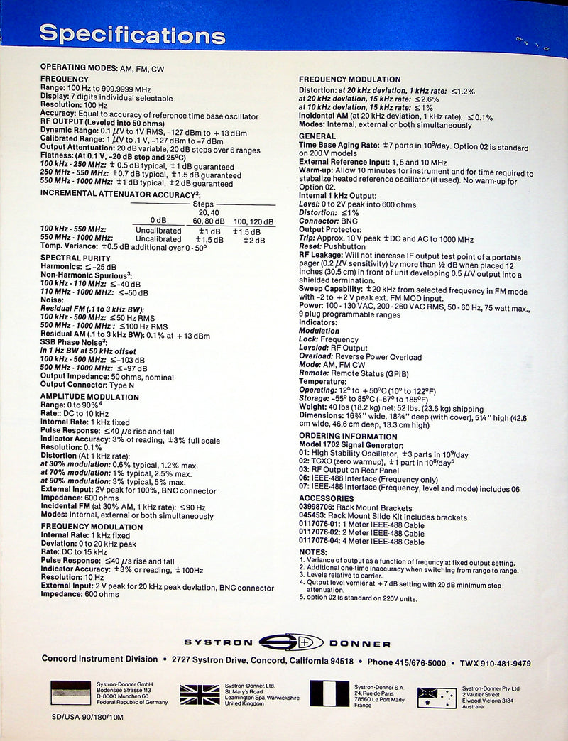 Systron Donner 110 Series Pulse Generator & 1702 Signal Generator Brochures