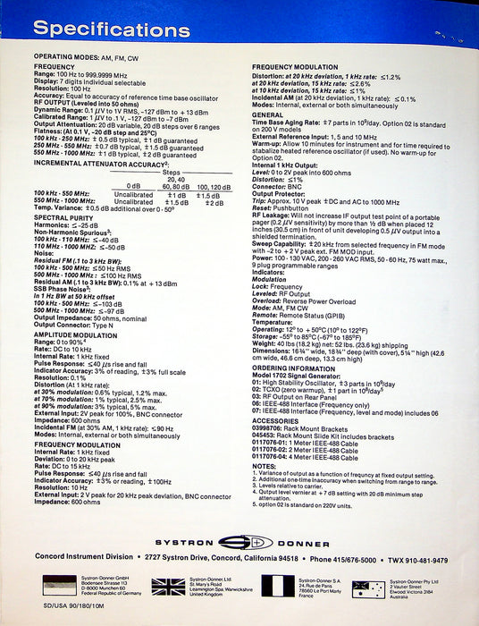 Systron Donner 110 Series Pulse Generator & 1702 Signal Generator Brochures
