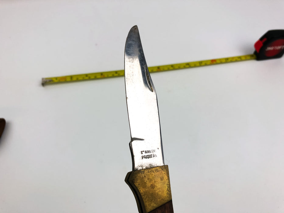 Vintage Kitco Pocket Knife 4" Blade Pakistan with Leather Sheath 3 Pin Bronze 6