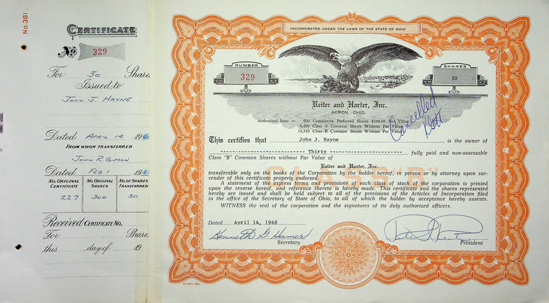 Reiter Dairy Company Stock Certificate Bond Scripophilly Akron Ohio 1968 No 329