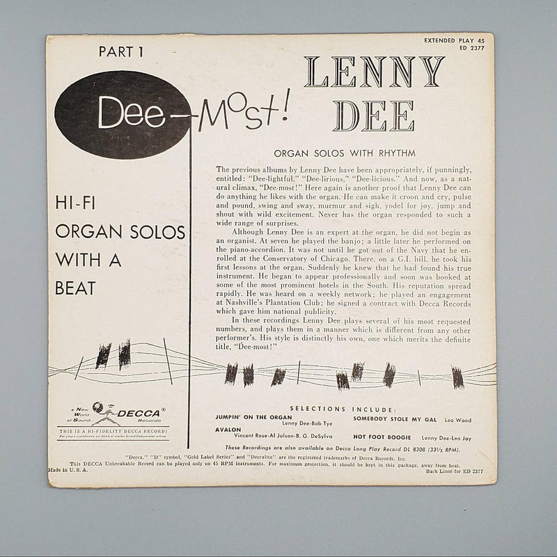 Lenny Dee Dee-Most! Part 1 Jumpin' On The Organ, Avalon EP Record Decca ED 2377 2