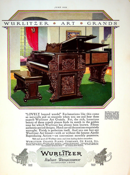 1926 Wurlitzer Italian Renaissance Piano Print Ad 12"x8" 1