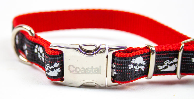 Ribbon: Designer Adjustable Collar - 8-12", Chrome Buckle, Skull & Bones | NEW