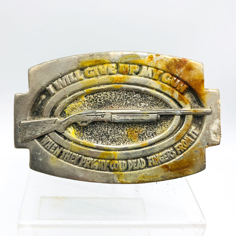 Vintage Shotgun Belt Buckle Pewter I Will Give Up My Gun Pry My Cold Dead Finger