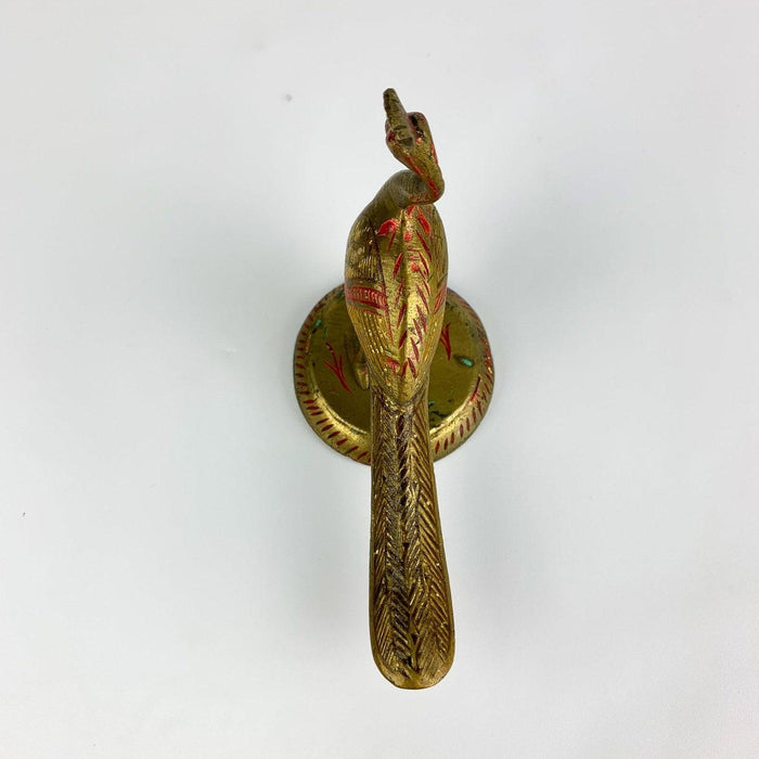 Vintage Brass Peacock Bird With Red Incised Details Long Tail Signed India 4" 10
