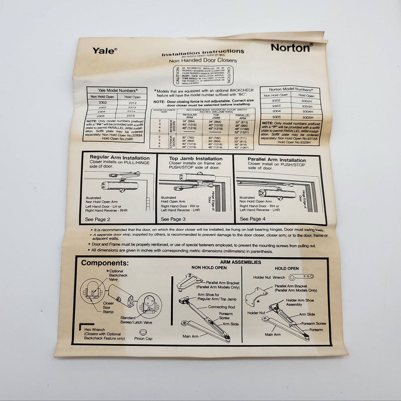 Yale Door Closer V2302 No Hold Regular Arm Top Jamb 9-1/16 Aluminum Finish