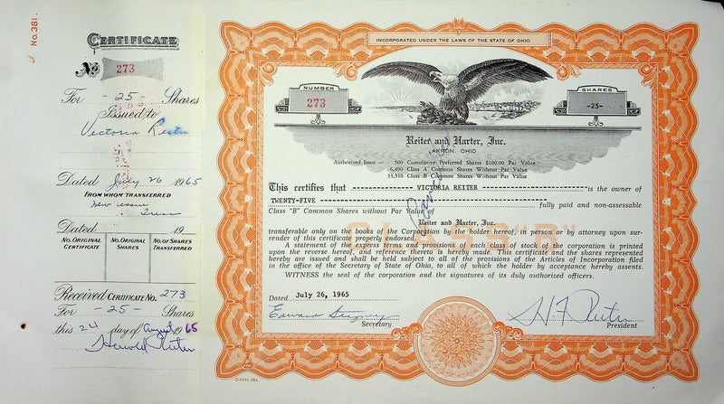 Reiter Dairy Company Stock Certificate Bond Scripophilly Akron Ohio 1965 No 273