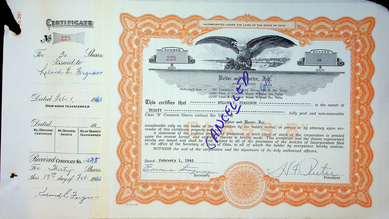 Reiter Dairy Company Stock Certificate Bond Scripophilly Akron Ohio 1965 No 225