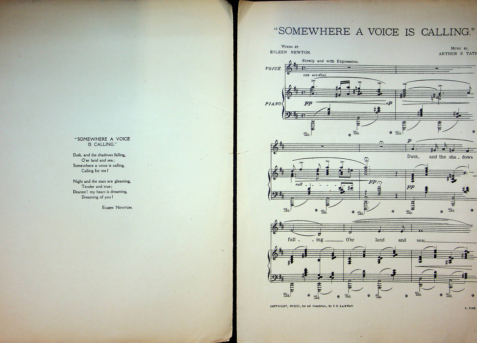 Somewhere A Voice Is Calling Sheet Music Arthur Tate E Newton Piano Vocal 1911 3