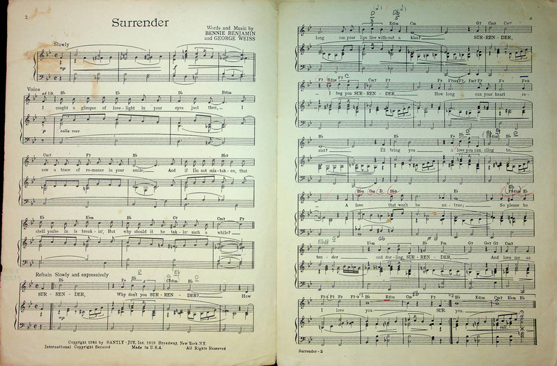 Perry Como Sheet Music Surrender Bennie Benjamin G Weiss 1946 Slow Love Song 2