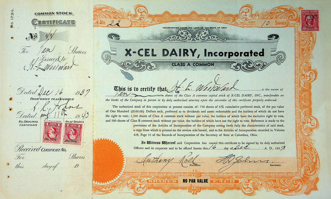 X-Cel Dairy Company Stock Certificate Bond Scripophilly Akron Ohio 1937 No 22