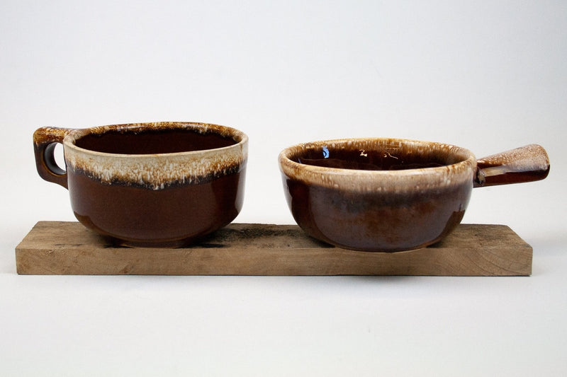 Vintage McCoy: Decorative Drip Stoneware - USA Cup & Small Crock, Brown & Cream 1