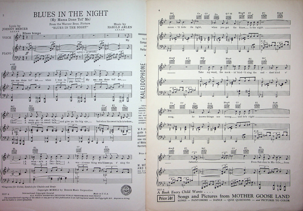 Blues in the Night Sheet Music Piano Vocal Harold Arlen 1941 My Mama Done Tol Me 3