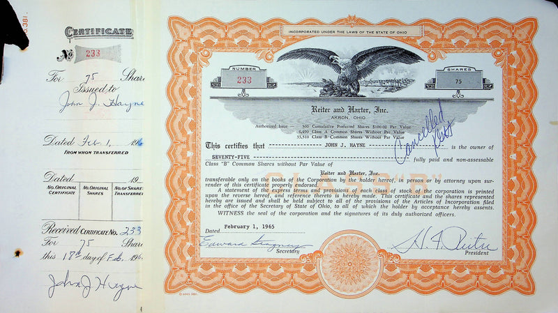 Reiter Dairy Company Stock Certificate Bond Scripophilly Akron Ohio 1965 No 233