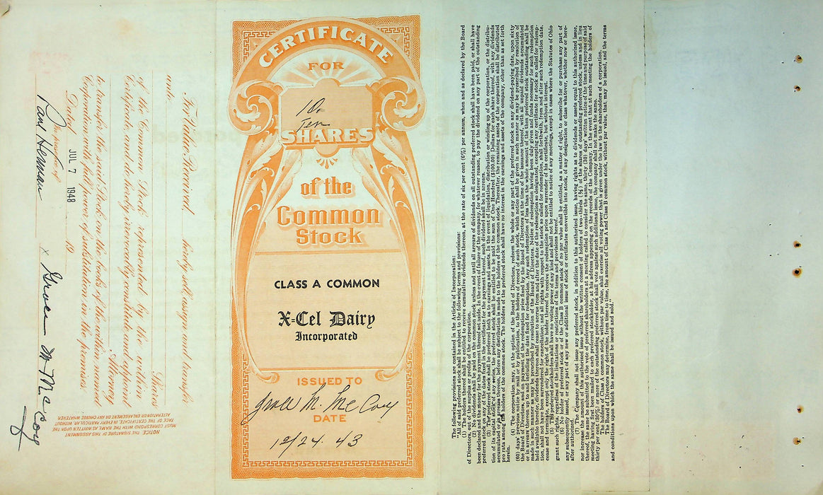 X-Cel Dairy Company Stock Certificate Bond Scripophilly Akron Ohio 1943 No 26