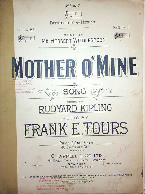 Sheet Music Mother O' Mine Rudyard Kipling Frank Tours 1903 Herbert Witherspoon 1